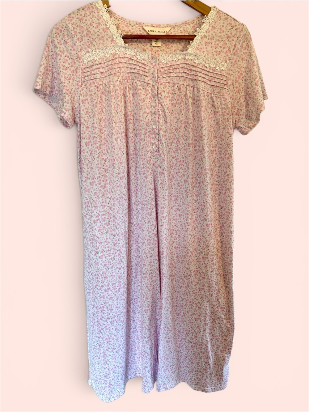 Laura Ashley Feminine Babydoll Pink Floral Nightgown Lace Yoke Sleepwear Small